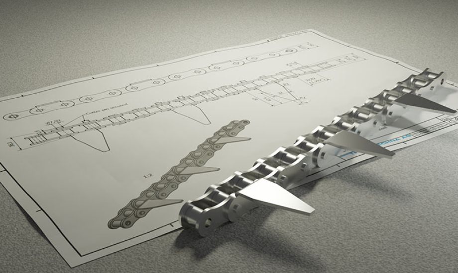 Mitnehmerrollenkette aus rostfreien Materialien mit Sonderteilung