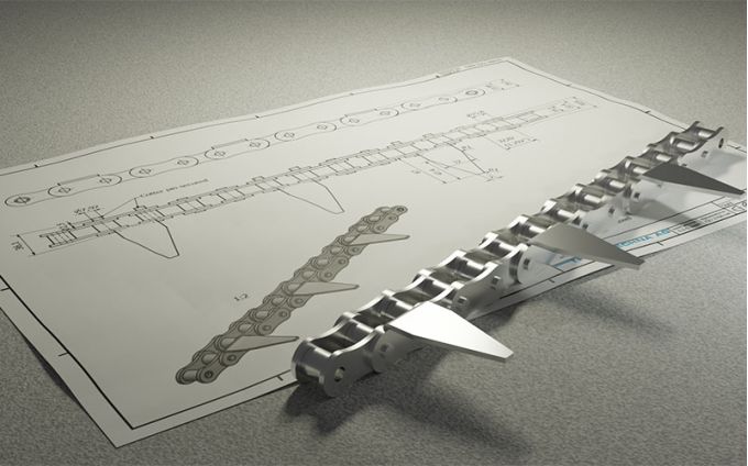 Mitnehmerrollenkette aus rostfreien Materialien mit Sonderteilung